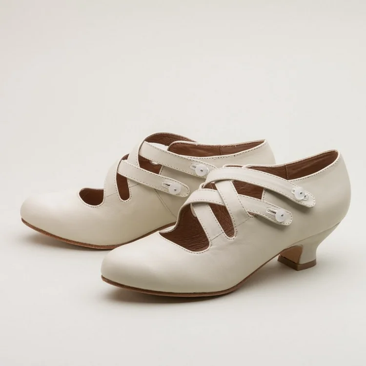Women's White Crossed-over Buckle Vintage Heels Comfortable Shoes |FSJ Shoes