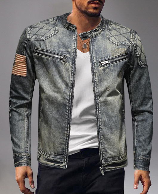 Retro Stand Collar Zipper Grid Pattern Denim Jacket