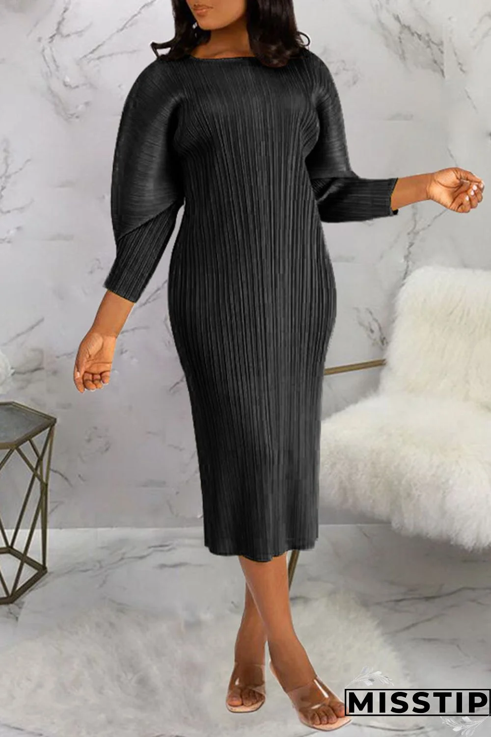 Black Casual Solid Patchwork Fold O Neck Straight Dresses