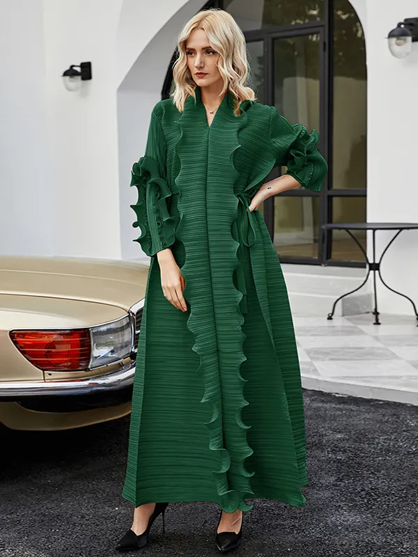 Hakula Resort Flowy Long Sleeve Falbala Lace Woven Maxi Dress