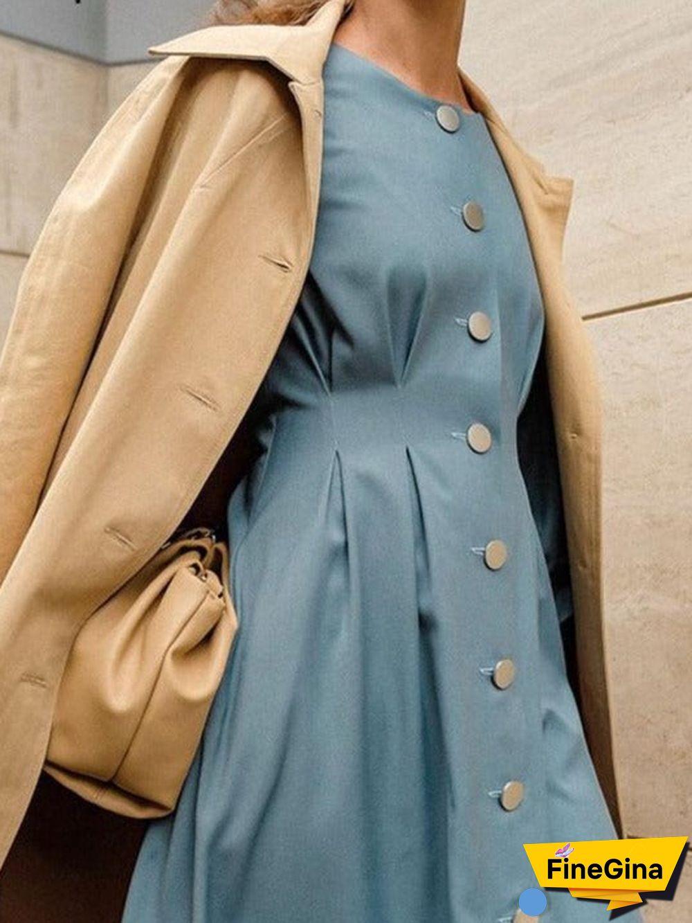 Vintage A-line buttons women dress autumn Elegant o-neck blue midi dresses Office lady female long sleeves solid vestido