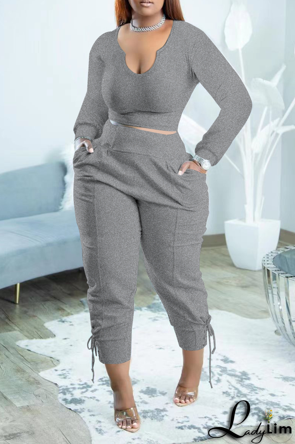 Blue Fashion Solid Draw String U Neck Long Sleeve Two Pieces