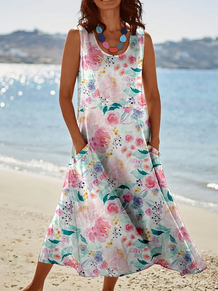 Women's Spring Flowers Pocket Pinafore Linen Dress