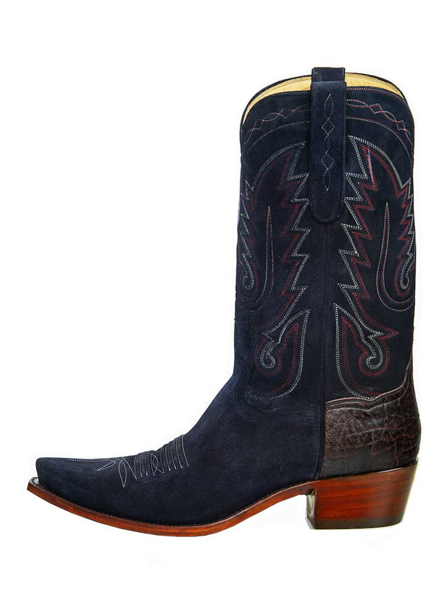 Navy Blue Snip Toe Chunky Heel Embroidered Pull-On Cowgirl Boots