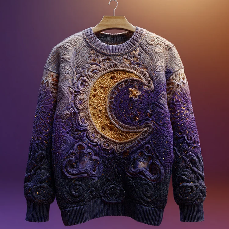 Halloween Mystical Celestial Glitter Moon & Stars Cozy Knit Sweater
