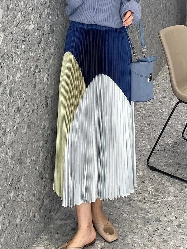 Elegant High Waist Color Block Splicing Pleated A-line Skirt