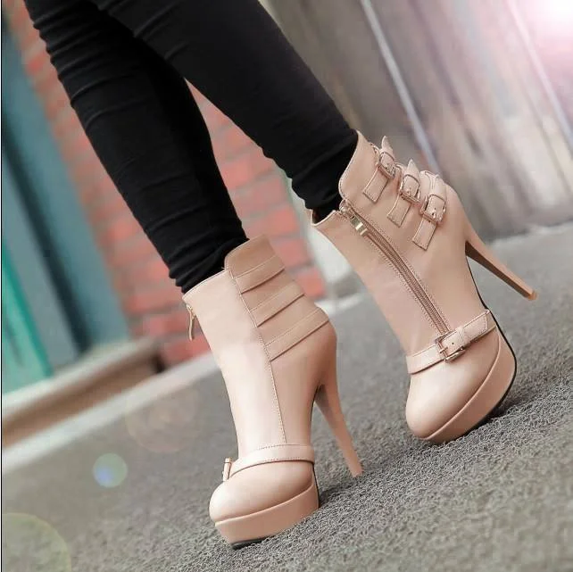 Nude Buckle Boots Stiletto Heel Platform Ankle Boots |FSJ Shoes