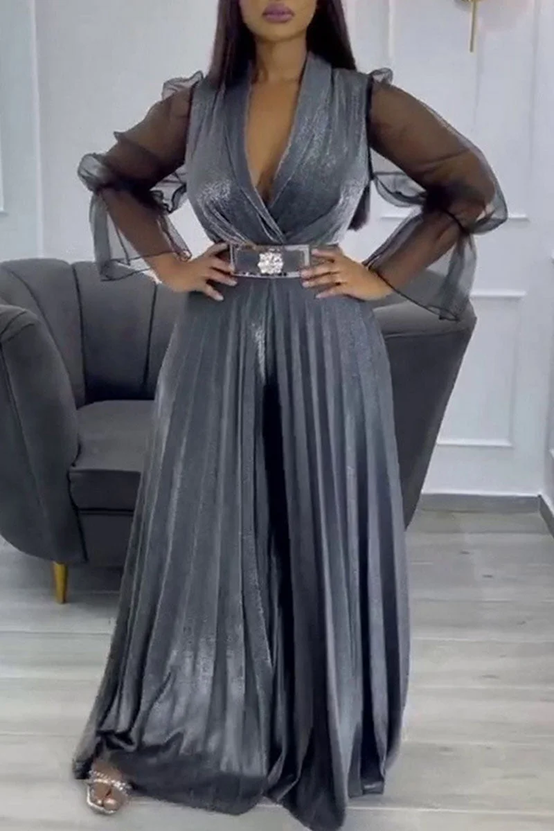 Casual Elegant Solid Split Joint V Neck Straight Jumpsuits