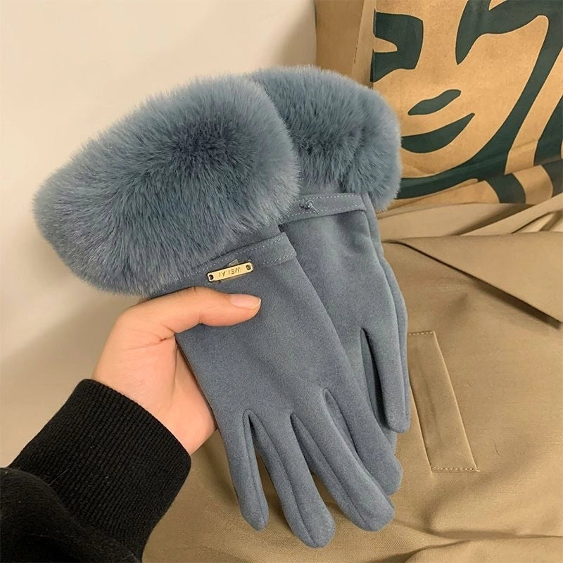 De Fluff Mouth Women’s Gloves Warm Windproof Riding Fleece-lined Thickened Outdoor Winter Finger Gloves