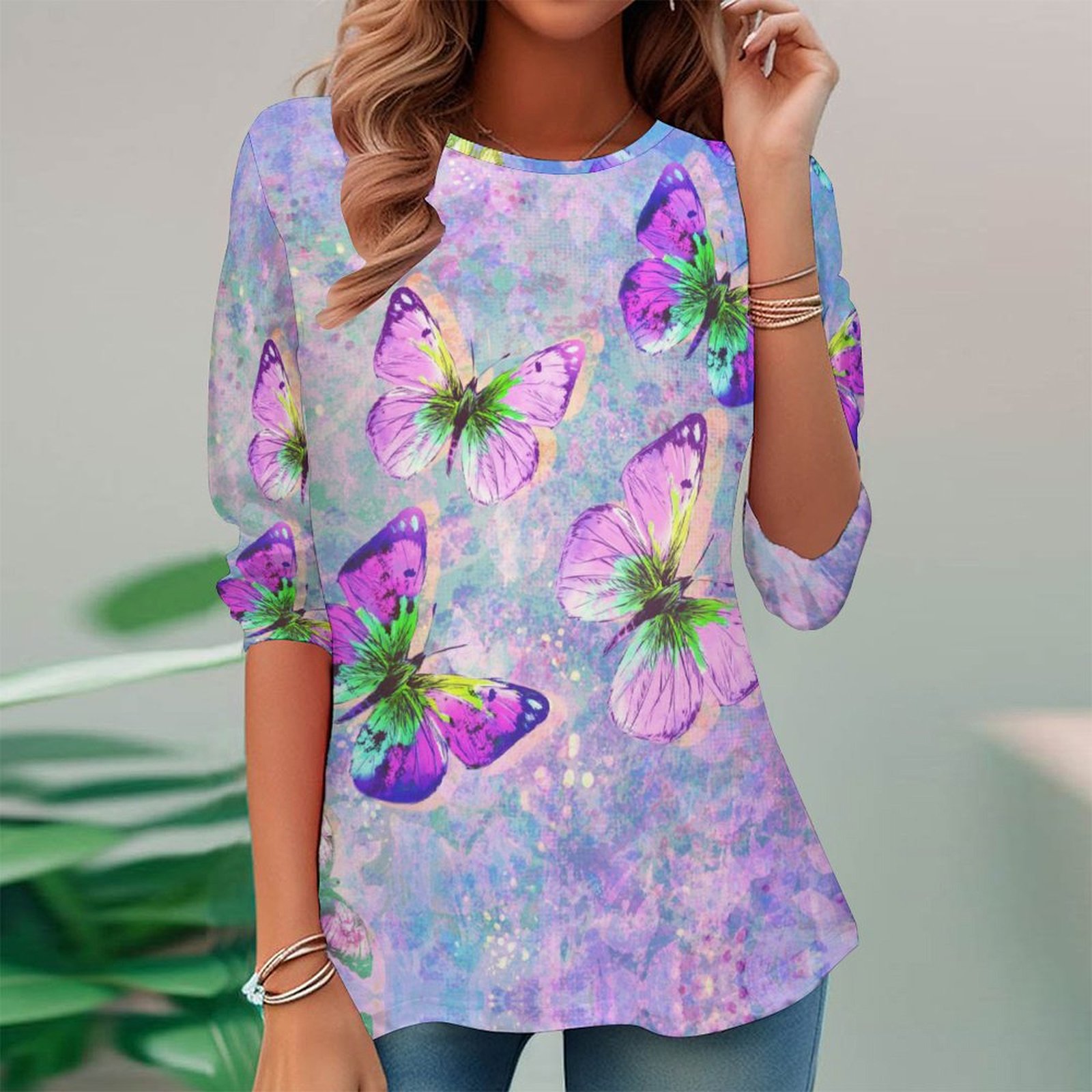 Women Long Sleeve V-neck Graphic Floral Printed Top