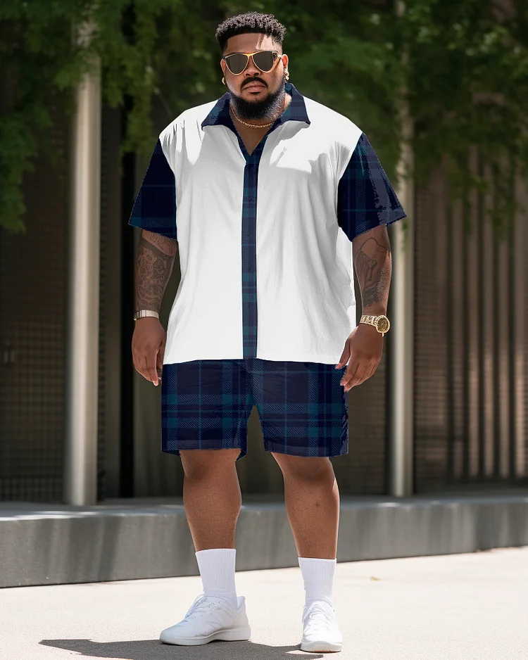 Men's Plus Size Plaid Short Sleeve Shirt Shorts Set
