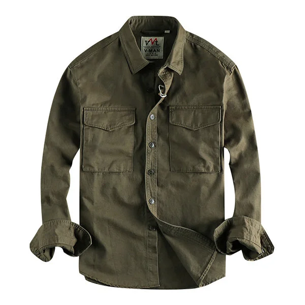 Men's Vintage Cotton Lapel Flap Pocket Long Sleeve Shirt 77451051M