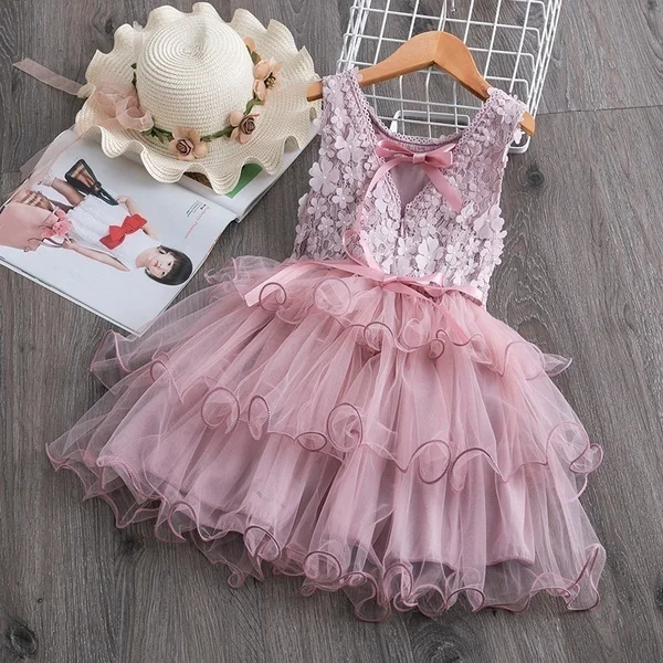 Girl's Fashion Backless Dress Appliques Flower Clothes Layered Mesh Princess Dress for Summer Beach Casual Wear 2 Styles