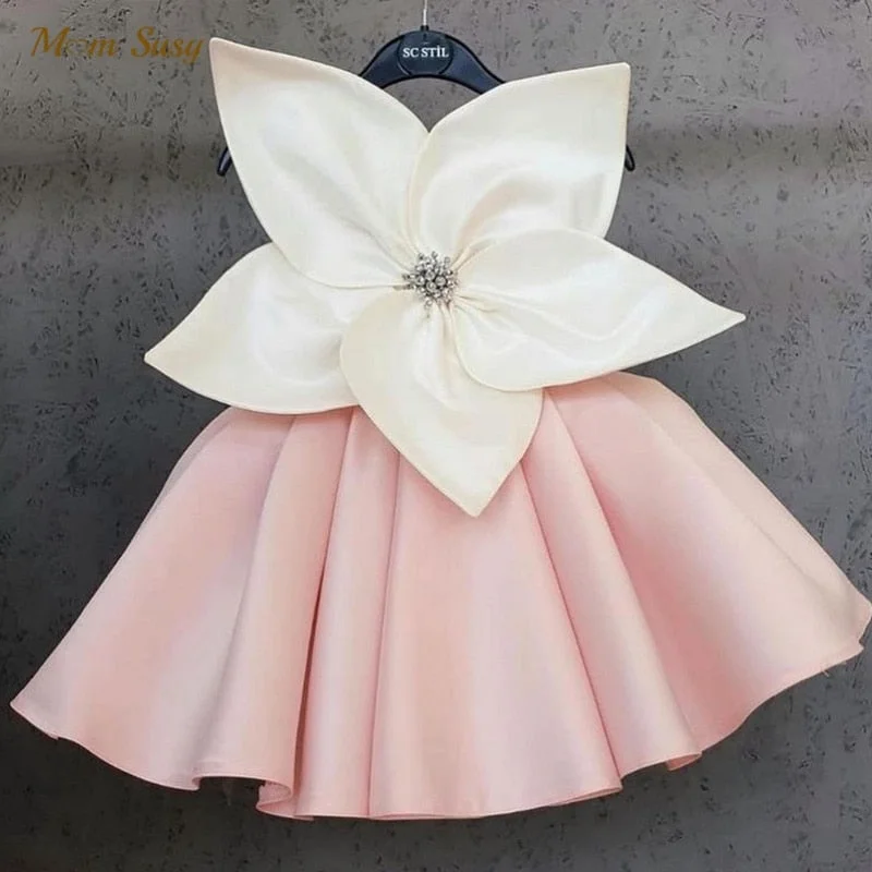 Baby Girl Princess Satin Dress Sleeveless Big Flower Child Vintage Party Pageant Birthday Wedding Ball Gown Baby Clothes 1-12Y