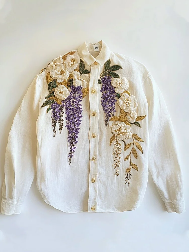 Lunivibe Women's Floral Embroidered Art Linen Blend Shirt