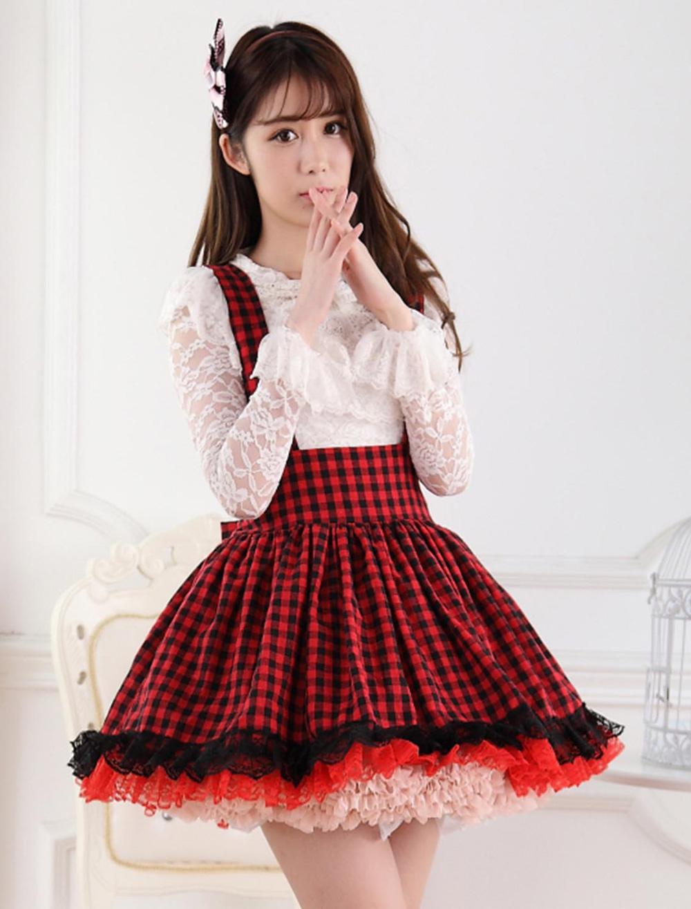 Sweet Red and Black Cake Plaid Lolita Dress Lace Polyester Lining