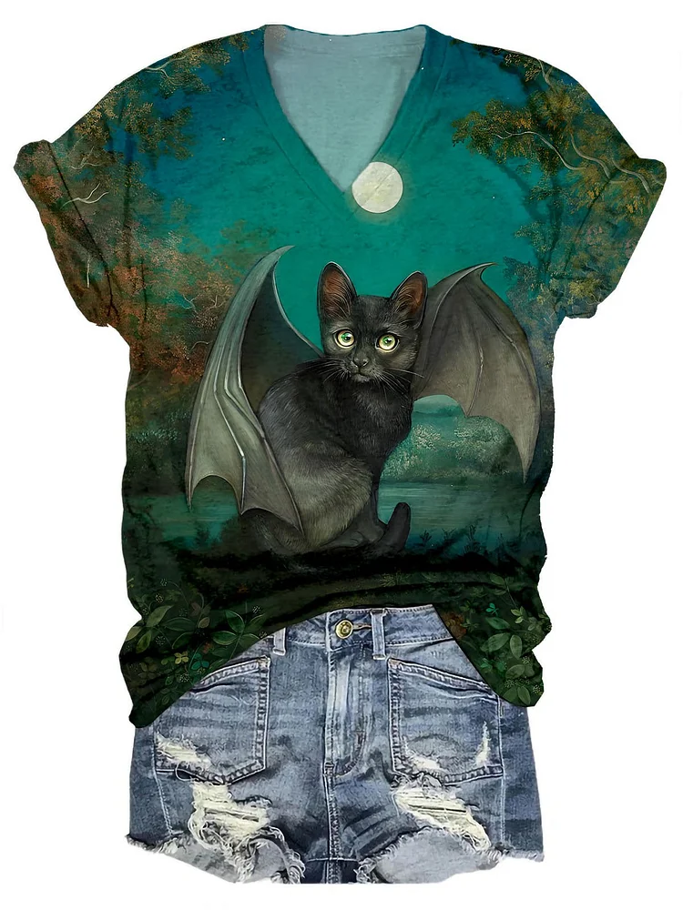 Women's Halloween Black Cat Casual Print T-shirt