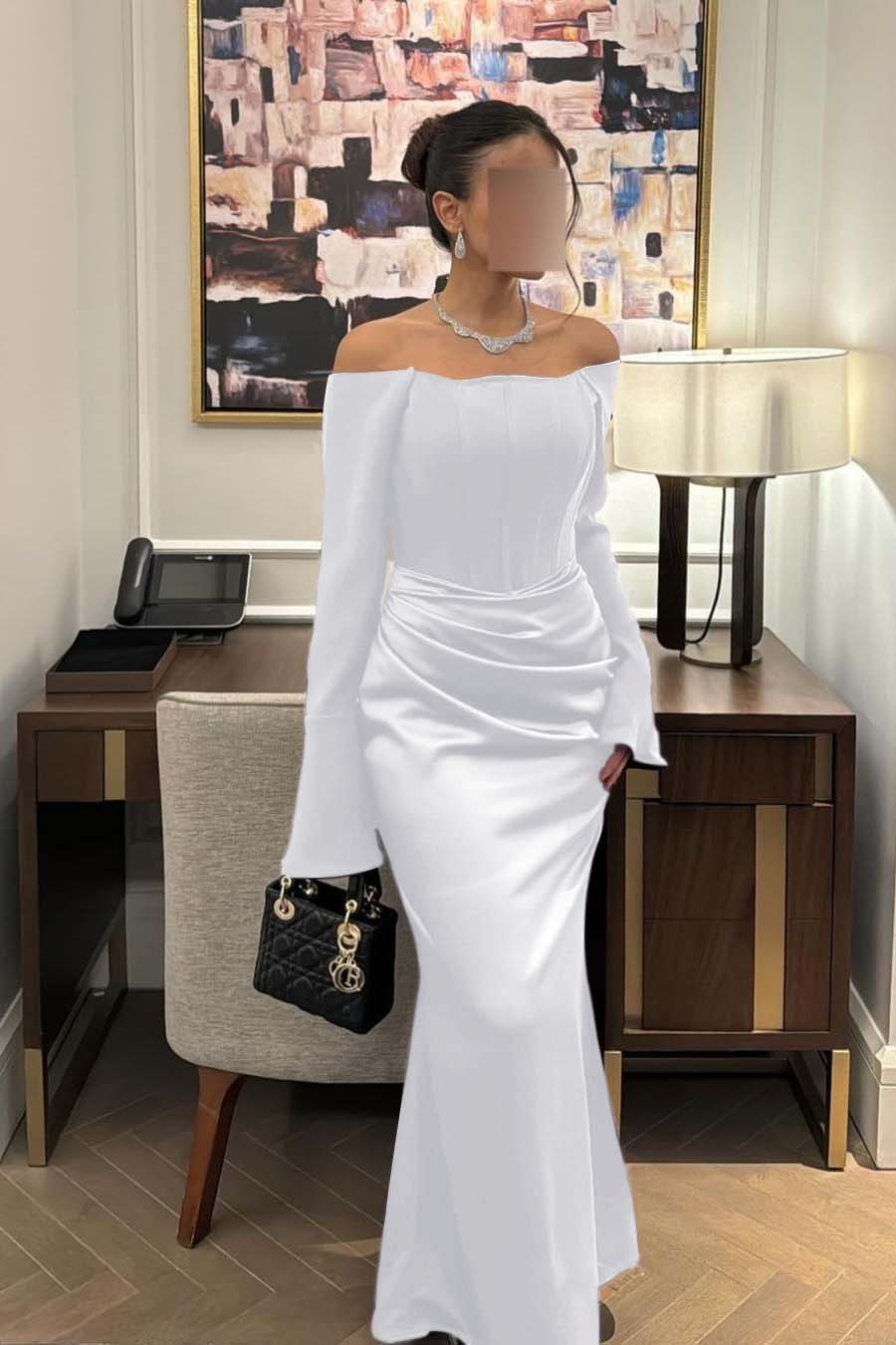 Lussooy Chic Satin Regency Long Sleeves Mermaid Prom Dress with Pleated  