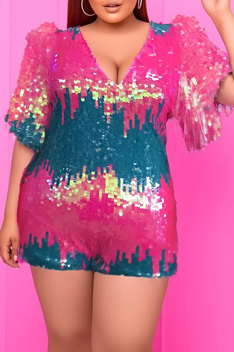 Xpluswear Design Plus Size Pink Party Sparkly Sequin Glitter V Neck Rompers