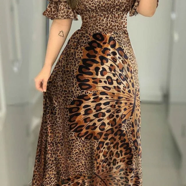 Billlnai Off Shoulder Party Dresses Women Lady Ruffle Leopard  Print Flare Long Sundress Sexy Ladies Strappy Slash neck Vestido