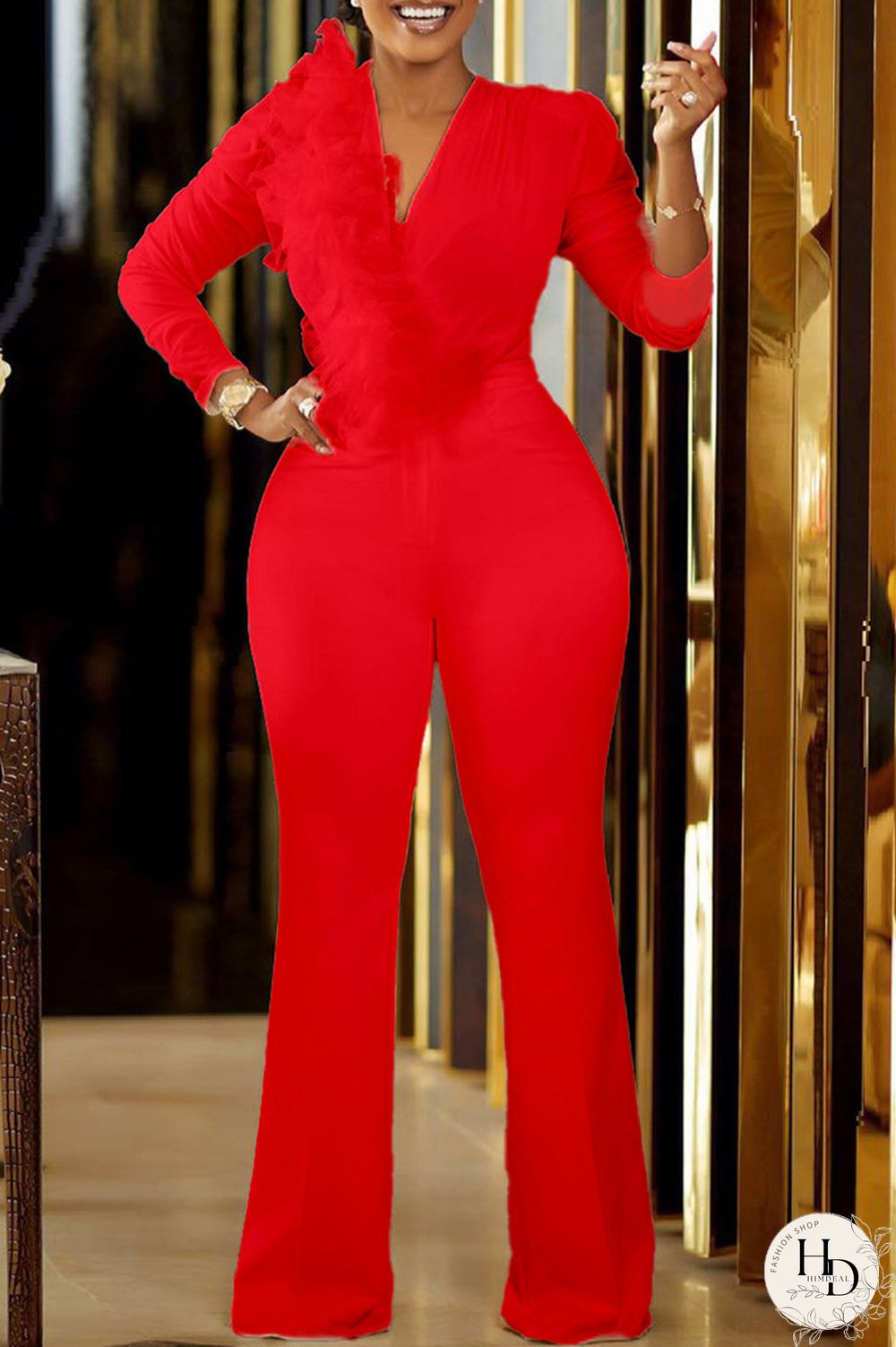 Red Celebrities Elegant Solid Patchwork Mesh V Neck Straight Jumpsuits