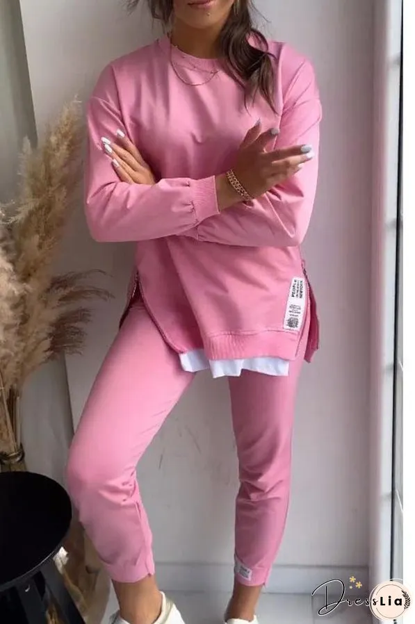 Solid Color Round Neck Long-sleeved Sweatshirt and Elastic Waist Pants Set