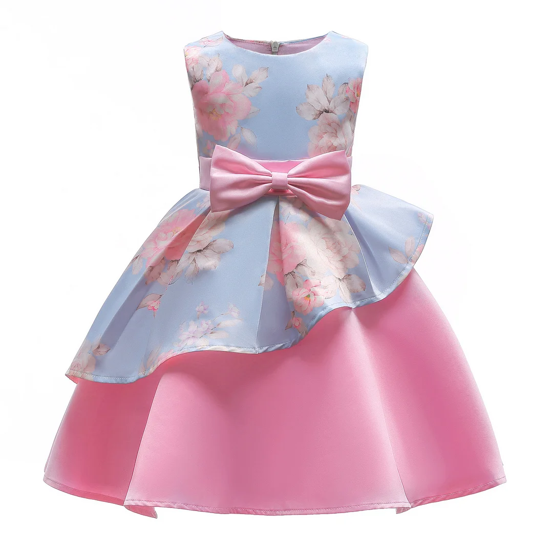 Buzzdaisy Flowers Princess Dress For Toddlers Round Collar Bow-Knot Sleeveless High-Definition Printing Pattern Cotton Princess Dress Spring/Fall
