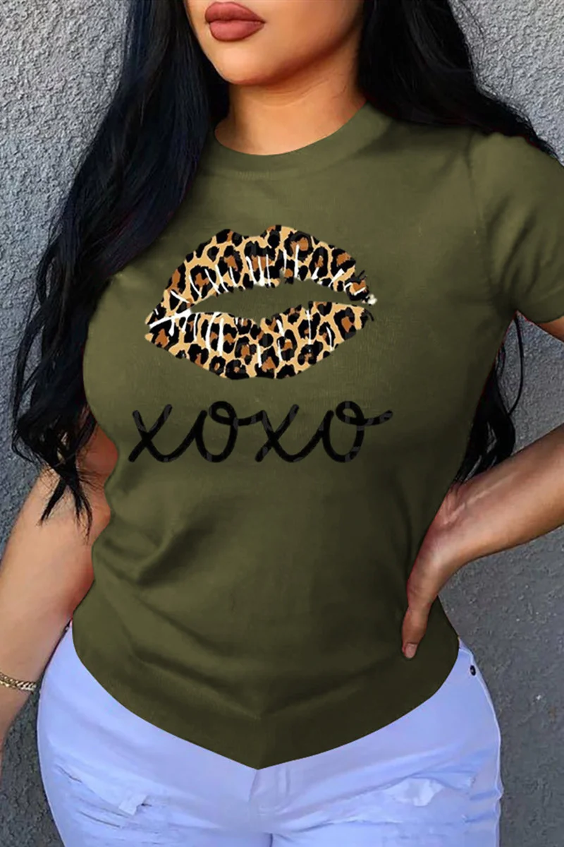 Grass Green Fashion Casual Print Basic O Neck T-Shirts | EGEMISS