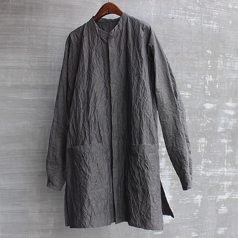 Men's Wrinkled Textured Lightweight Cotton-Linen Long Jacket
