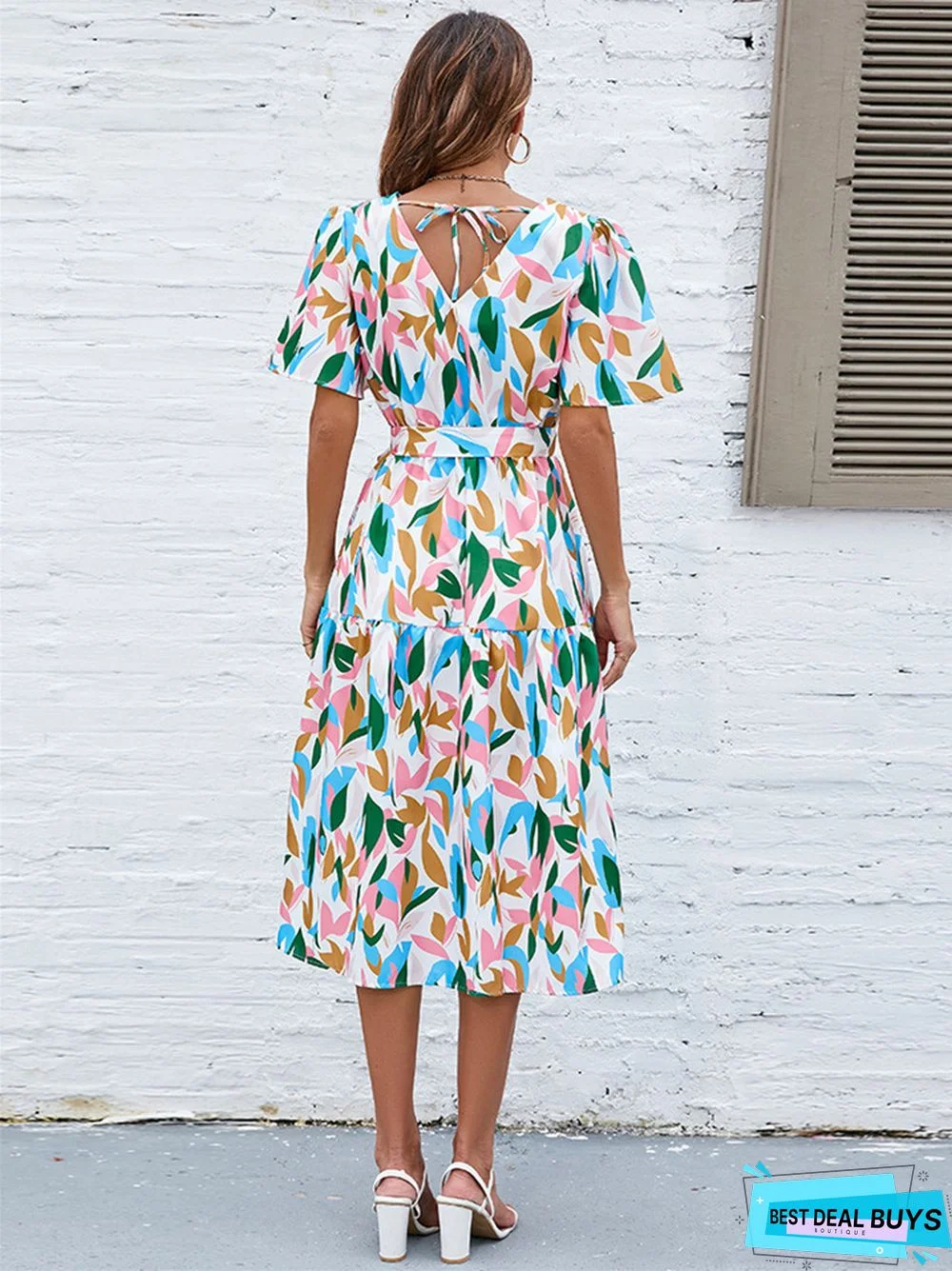 Bubble Sleeve V-Neck Strapping High Waist Long Dress