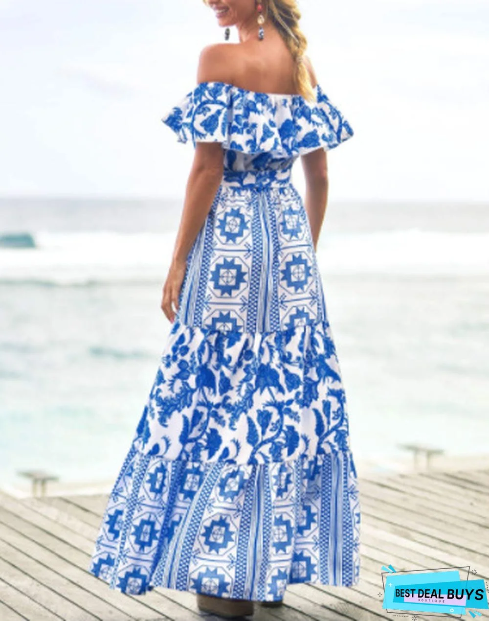 Printed Dress with One-Line Collar and High Waist For Women