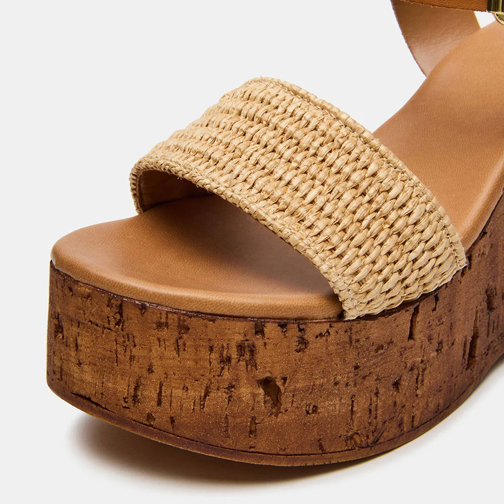 Tan & Beige Ankle Strap Open Toe Wedge Sandals with Platform
