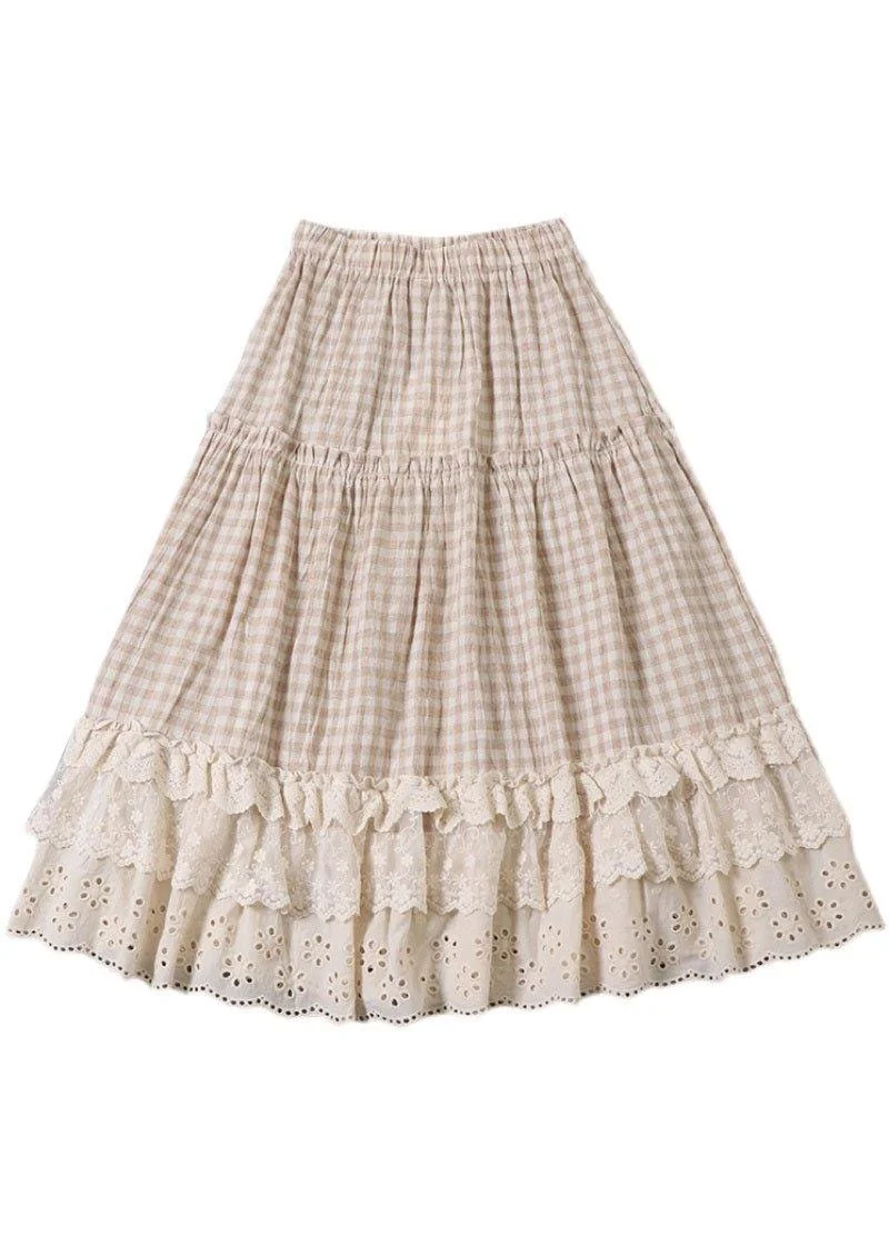 Natural Grey Green Plaid Patchwork Wrinkled Print Fall Skirt