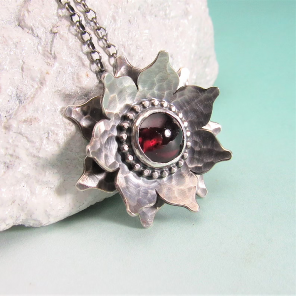 Sterling Silver Red Lotus Garnet Necklace
