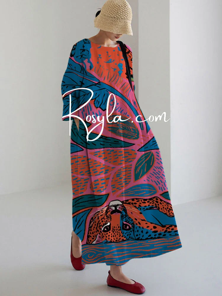 Women's Retro Leopard Printing Long Sleeve Midi Dress
