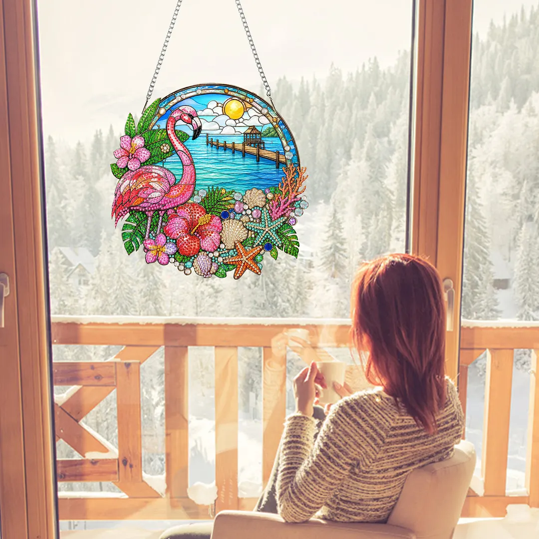 Flamingo Beach Scene 2D Flat DIY PET Diamond Painting Pendant Special Shape Hanging Gem Art Paintings Charm Single Side Drill for Adults Home Wall Window Decor