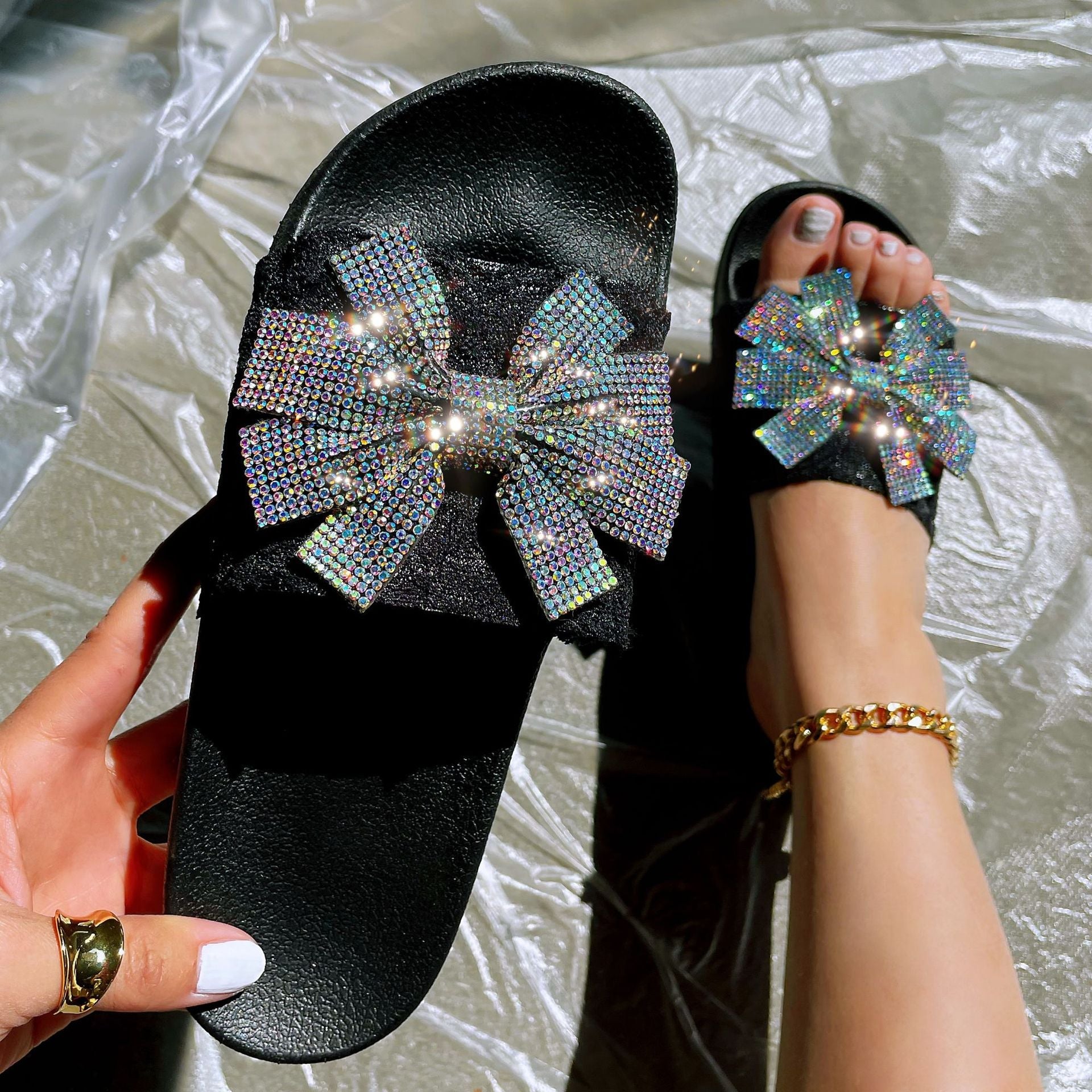 Women's summer rhinestone flower slippers backless slip on  beach slides