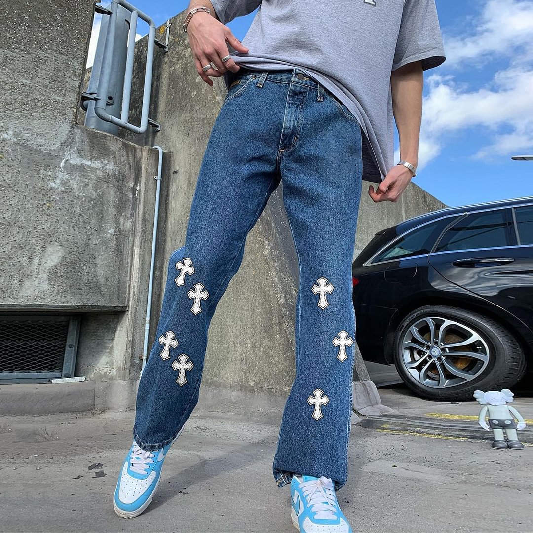 Street vintage cross print straight-leg jeans