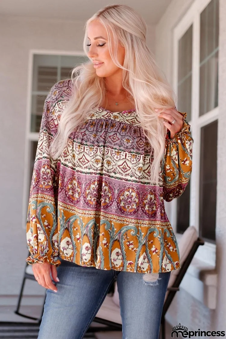 Bohemian Long Flounce Sleeve V-Neck Blouse