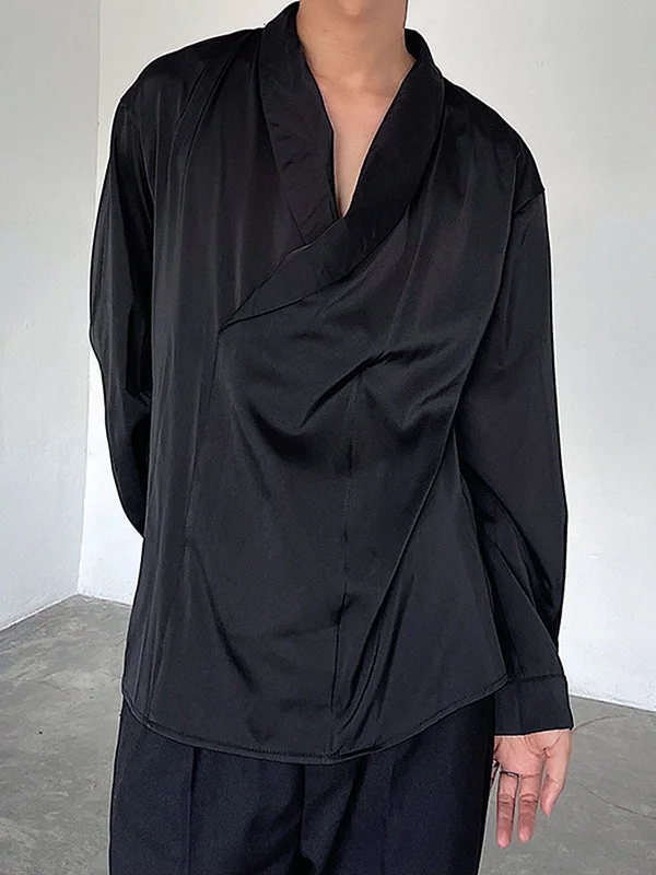 Aonga - Mens Solid Lapel Casual Long Sleeve Shirt