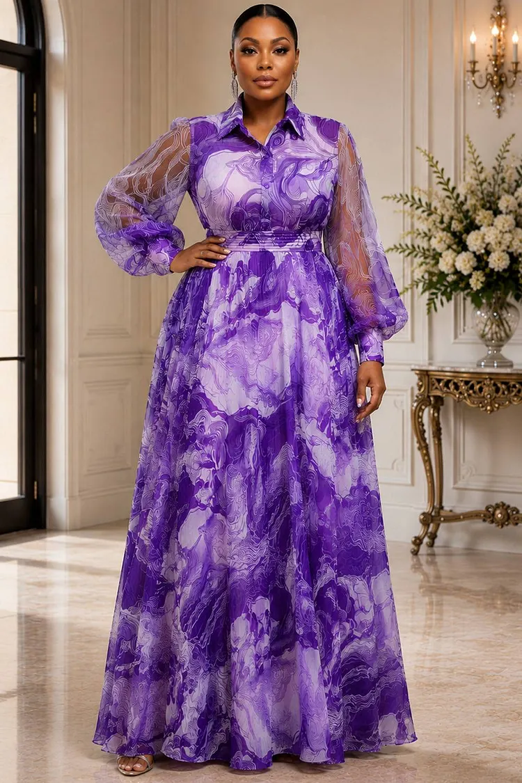 Xpluswear Design Plus Size Wedding Guest Purple Shirt Collar Lantern Sleeve Long Sleeve Chiffon Maxi Dresses [Pre-Order] 2024 - Xpluswear