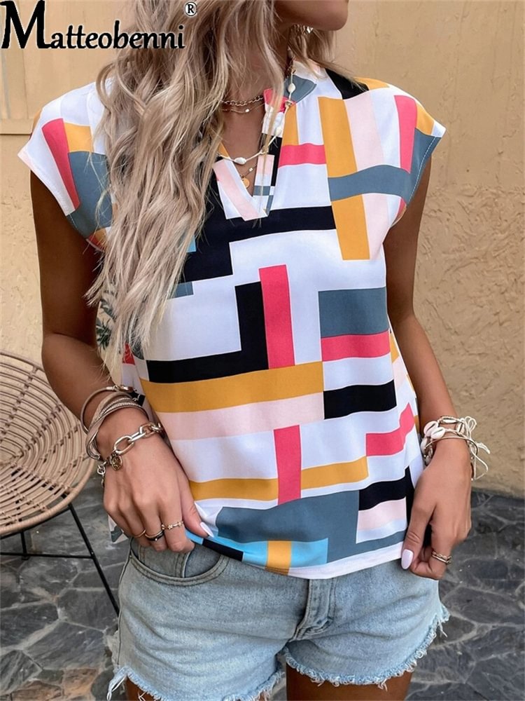 Vintage Women 3D Stripe Printed Blouse Summer 2022 New Casual V-Neck Patchwork Tops Shirt Ladies Elegant Loose Oversized T-Shirt