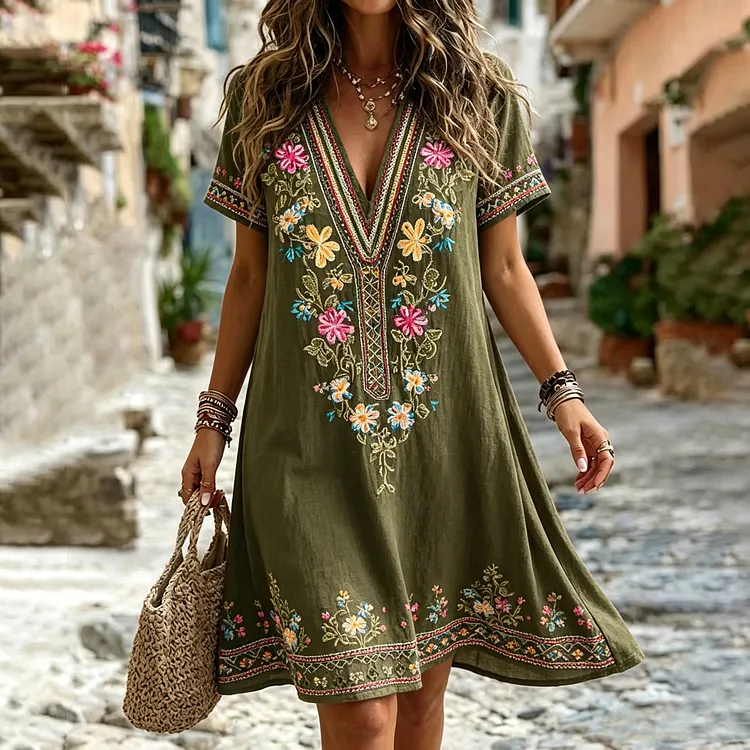 Women's Retro Ethnic Floral Embroidery Casual V-neck Dress