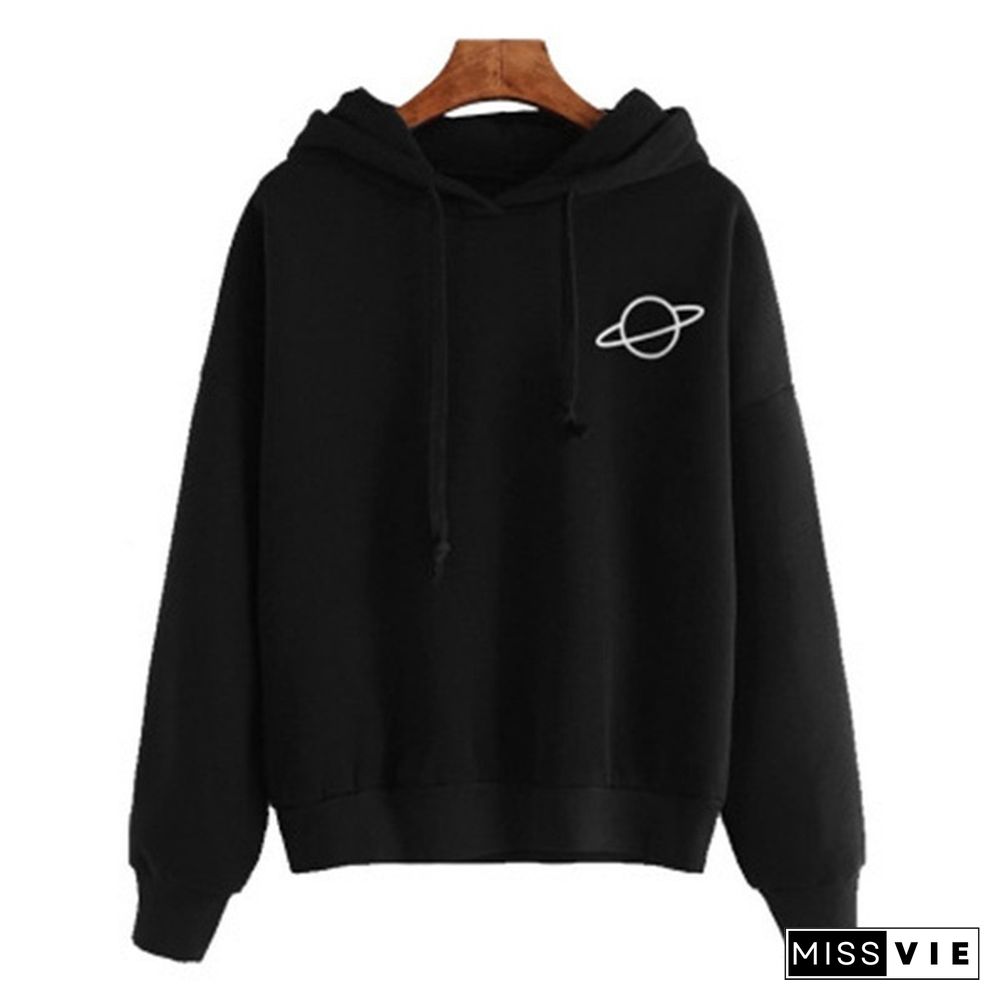 Print Planet Hoodie Women Spring Autumn Yellow Pullovers Ladies Solid Color Drawstring