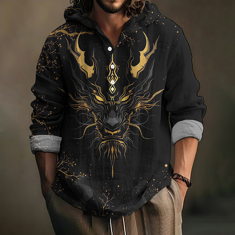 Men's Fantasy Japanese Dragon Art Print Linen Hooded Shirt