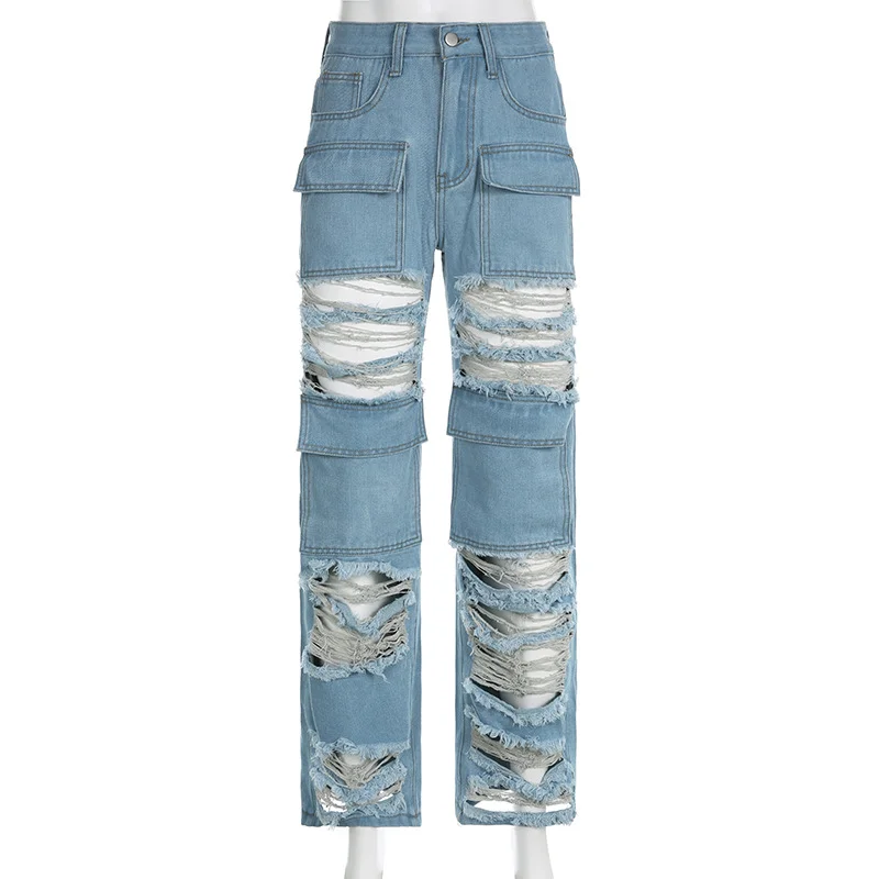 Women's Fashion Pocket Stitching with Hollowed Out Holes, Hiphop Style Street Casual Straight Tube High Waisted Jeans