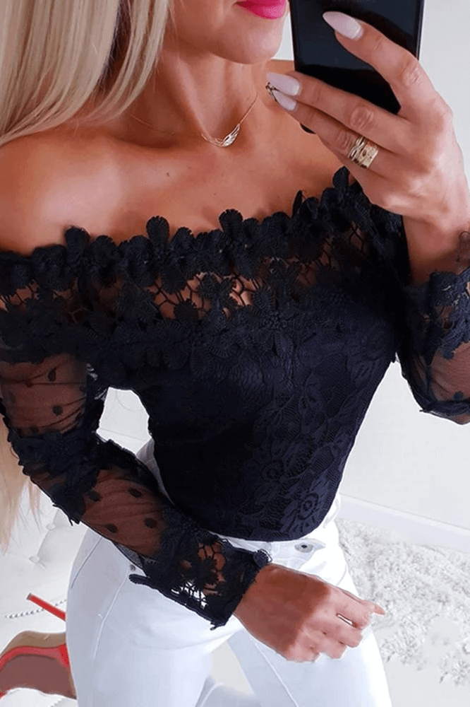 Off Shoulder Mesh Lace Trim Casual Blouse