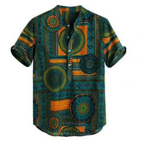 Summer Men Color Block Ethnic Geometry Print Short Sleeve Buttons Pullover Shirt Perfectly match with all variety of pants