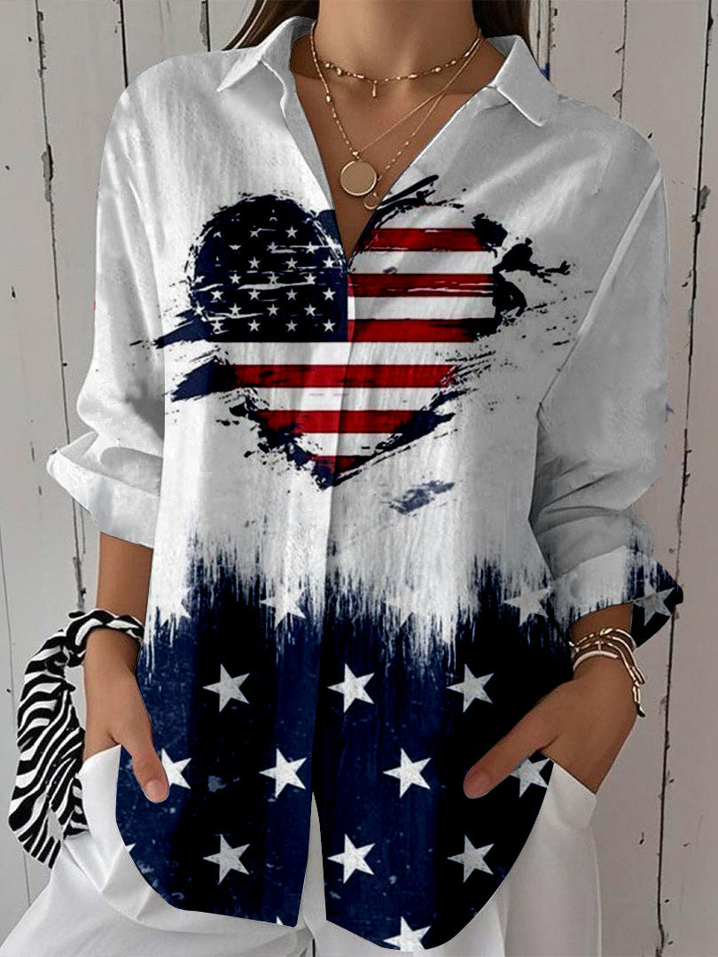 Women 3/4 Sleeve Shirt Collar National Flag Striped Printed Graphic Button Tops