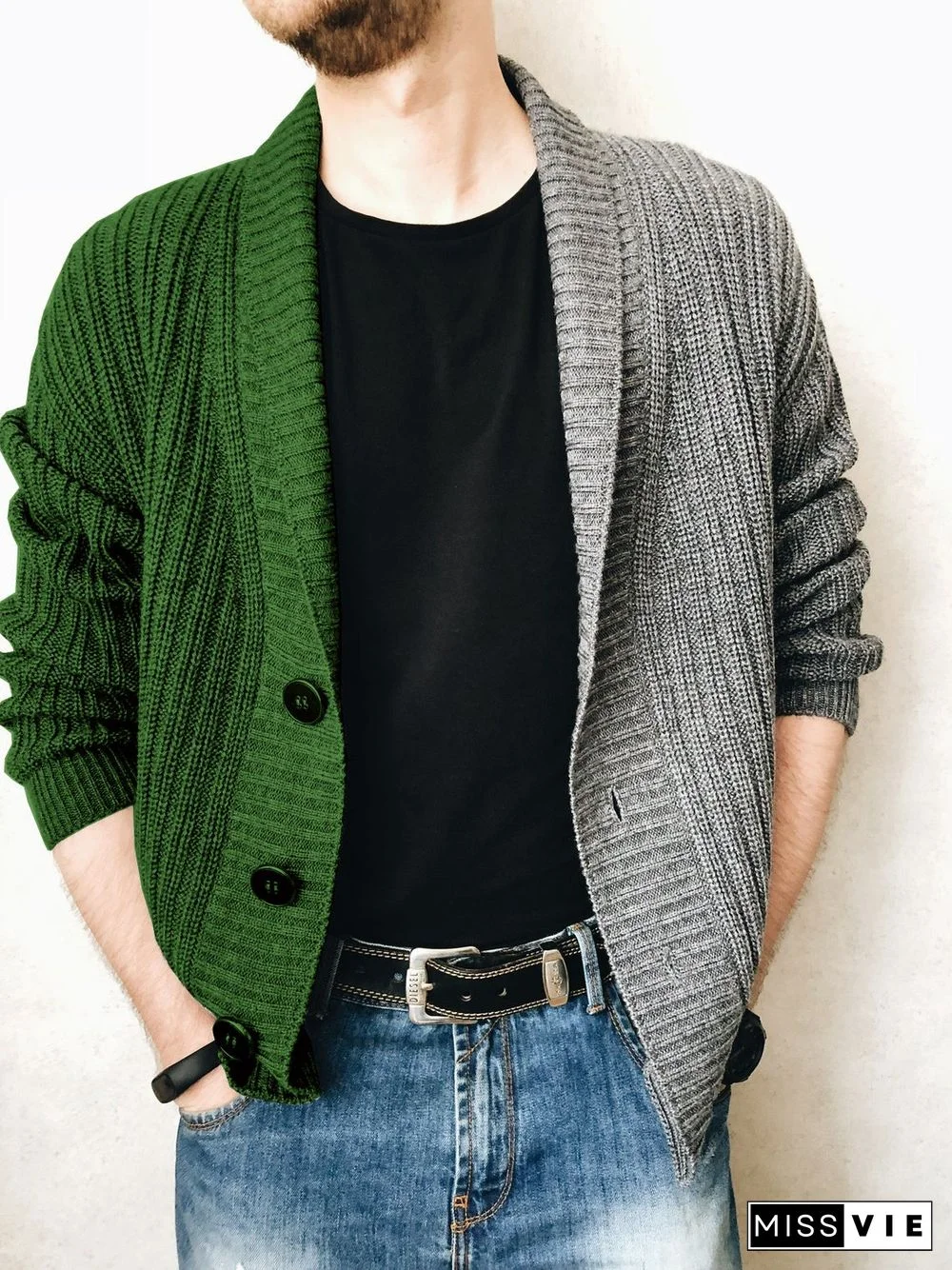 Single Breasted Two Color Men's Sweater Coat